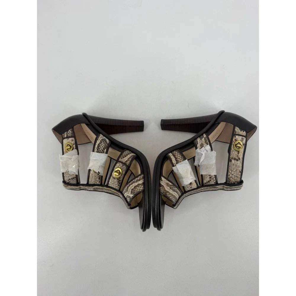 Coach Tamarah Heels Sz 6.5 Brown Snakeskin Turnlock Leather NWOT Mob Wife Caged